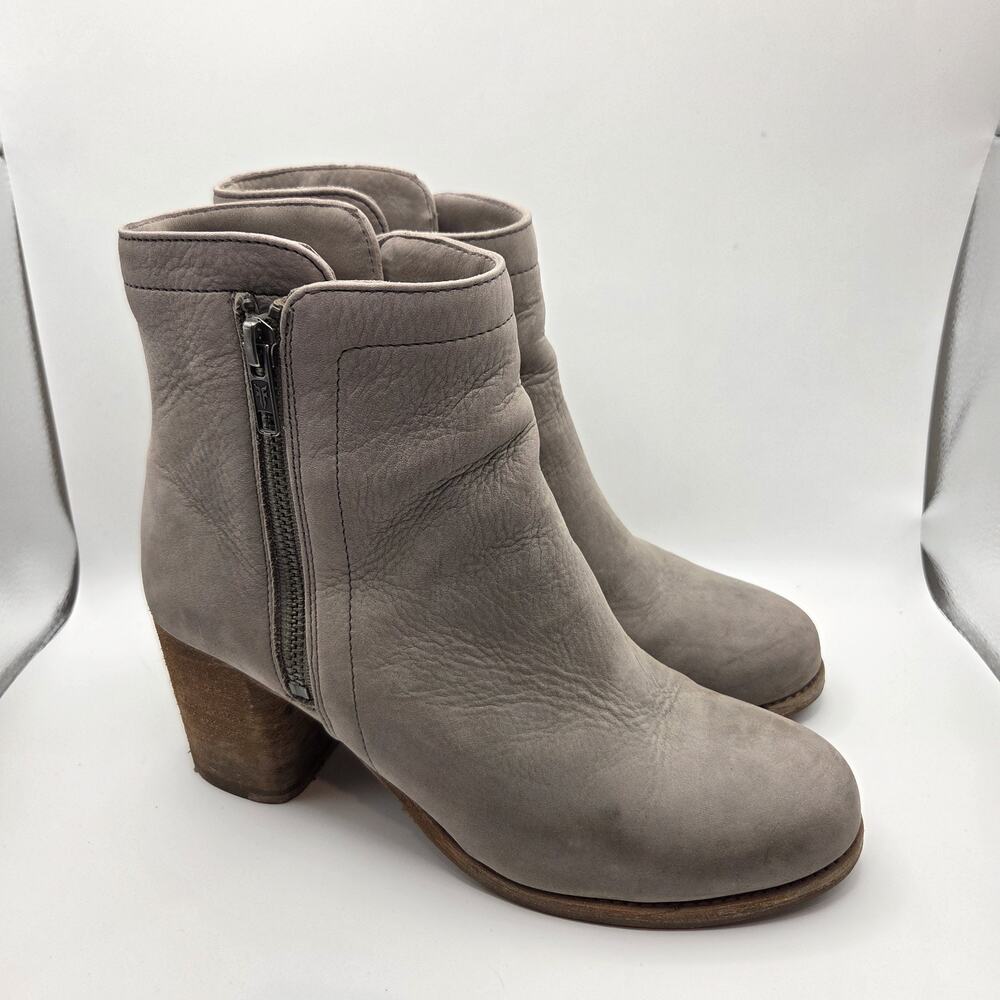Frye Women’s Gray Leather Ankle Boots Size 7B Side Zip Block Heel Made in Mexico